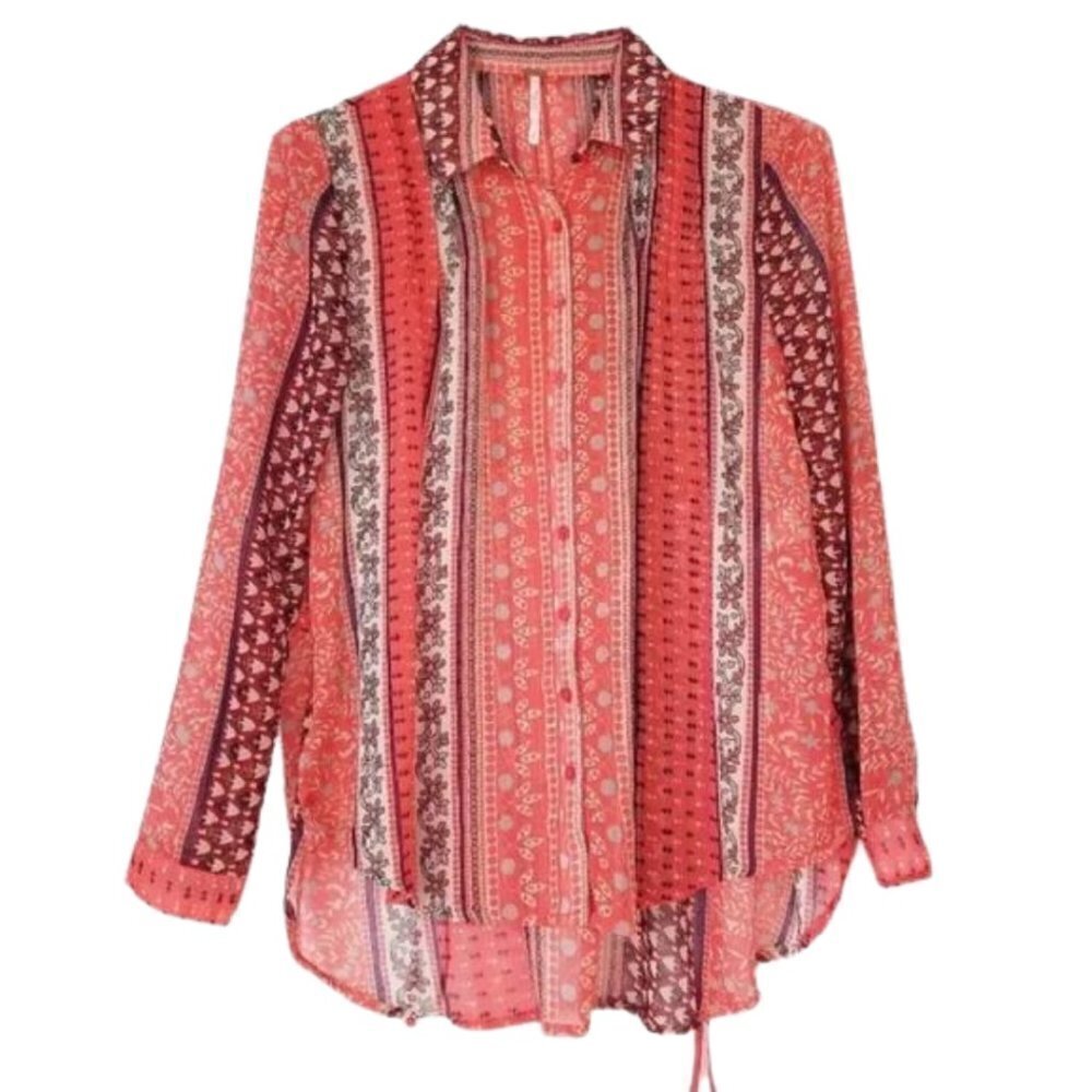 Free People Coral Printed Button Down Sheer Shirt